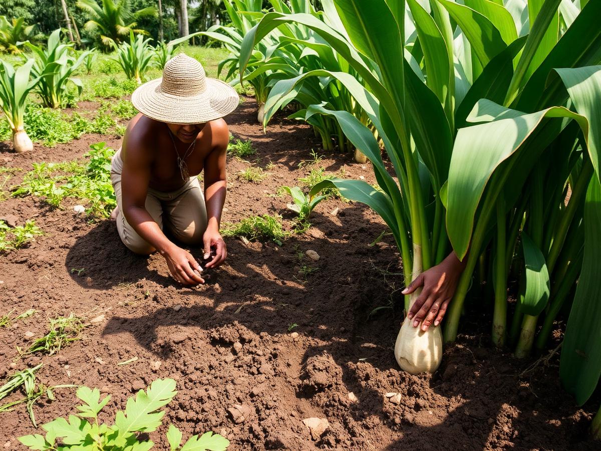 A farmer planting taro in a village garden in Vanuatu