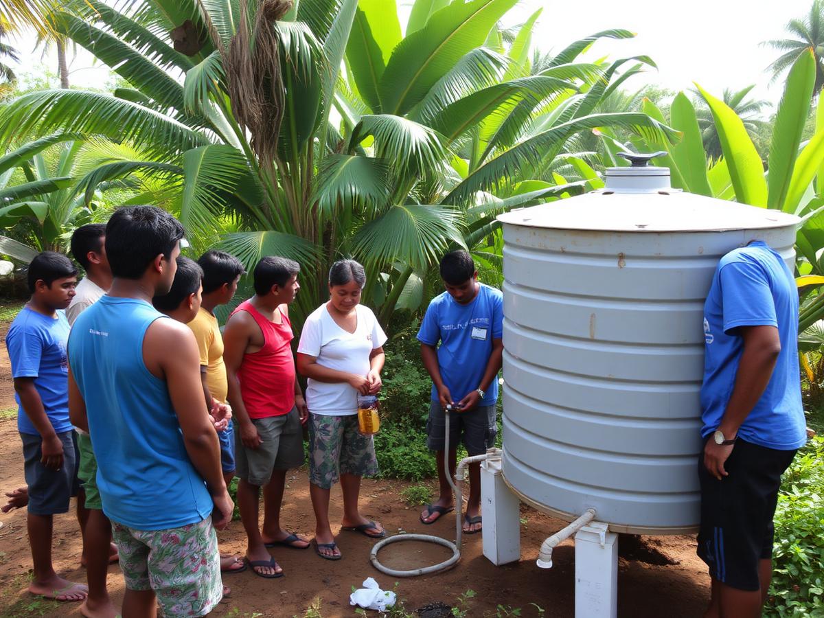 Villagers installing a water tank and filtration system