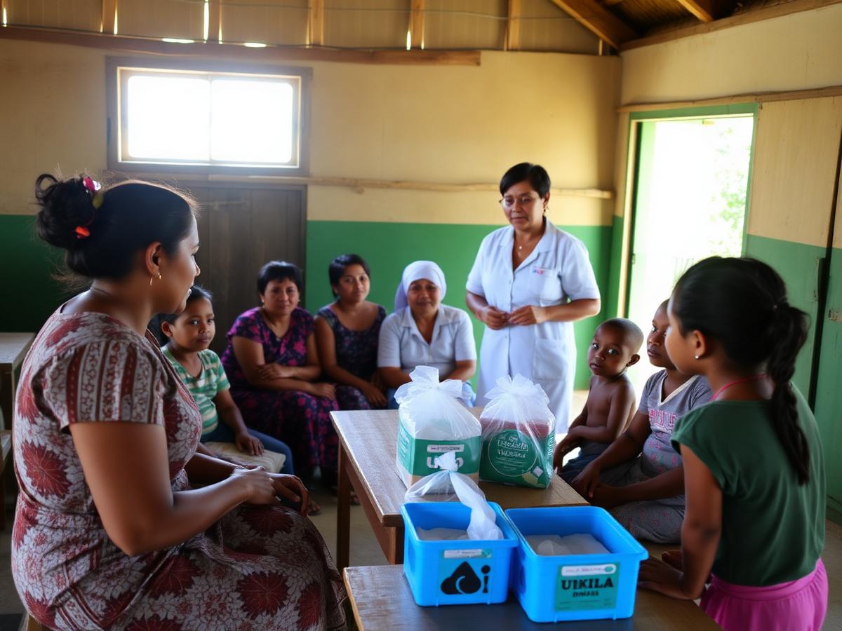 A health worker leading a hygiene awareness workshop with mothers and children